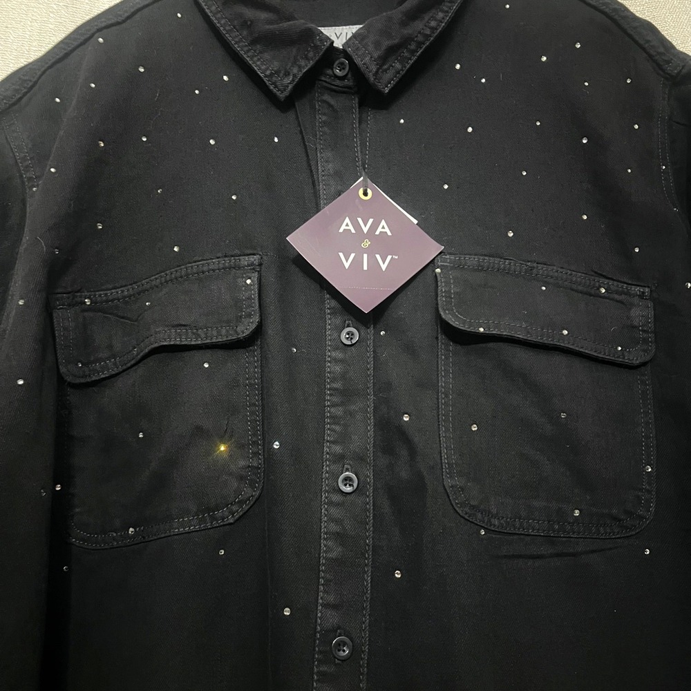 NWT AVA & VIV Womens Black Sparkling Studded Denim Button Up Long Sleeve Top 3X